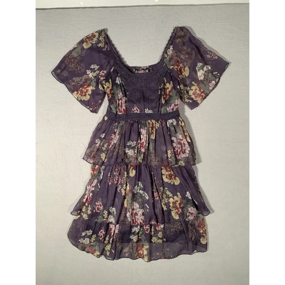 THE PYRAMID COLLECTION Purple Floral Layered tiered Ruffle ‎ Dress XS